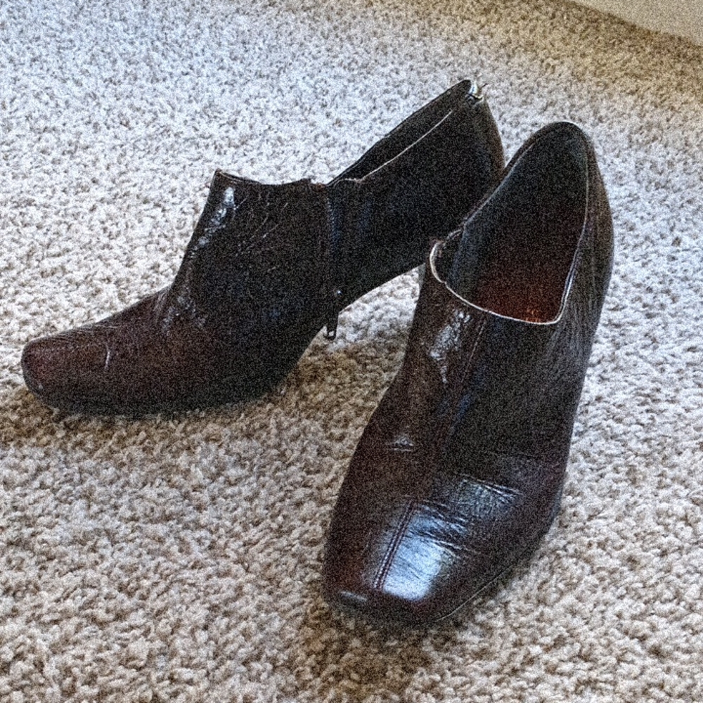 Aerosoles Square Toe Side Zip Heeled Booties in dark brown faux leather. 